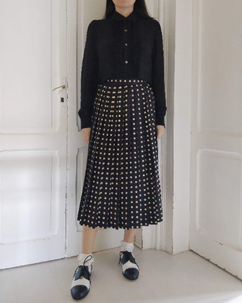 New England 1990s black satin pleated midi skirt with polka dots, Made in Italy image 1