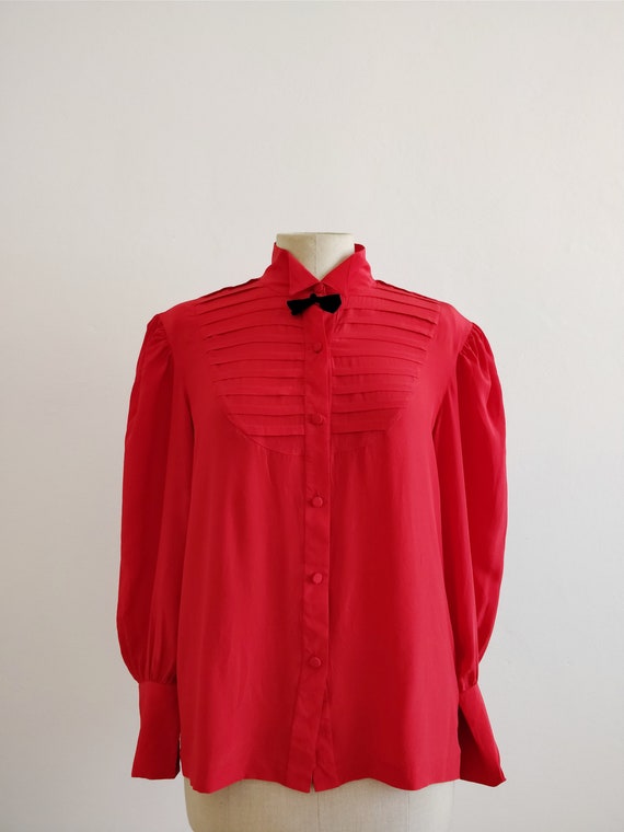 80s red silk blouse with pleated plastron