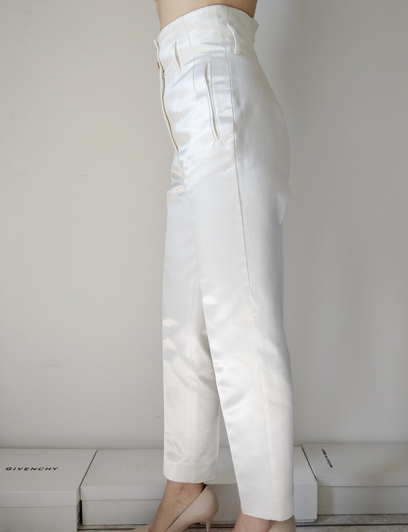 VIVIENNE WESTWOOD 1990s white satin cotton tapered trousers, high waist with Orbit logo buttons image 4