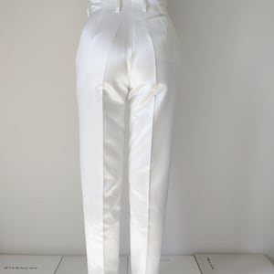 VIVIENNE WESTWOOD 1990s white satin cotton tapered trousers, high waist with Orbit logo buttons image 3