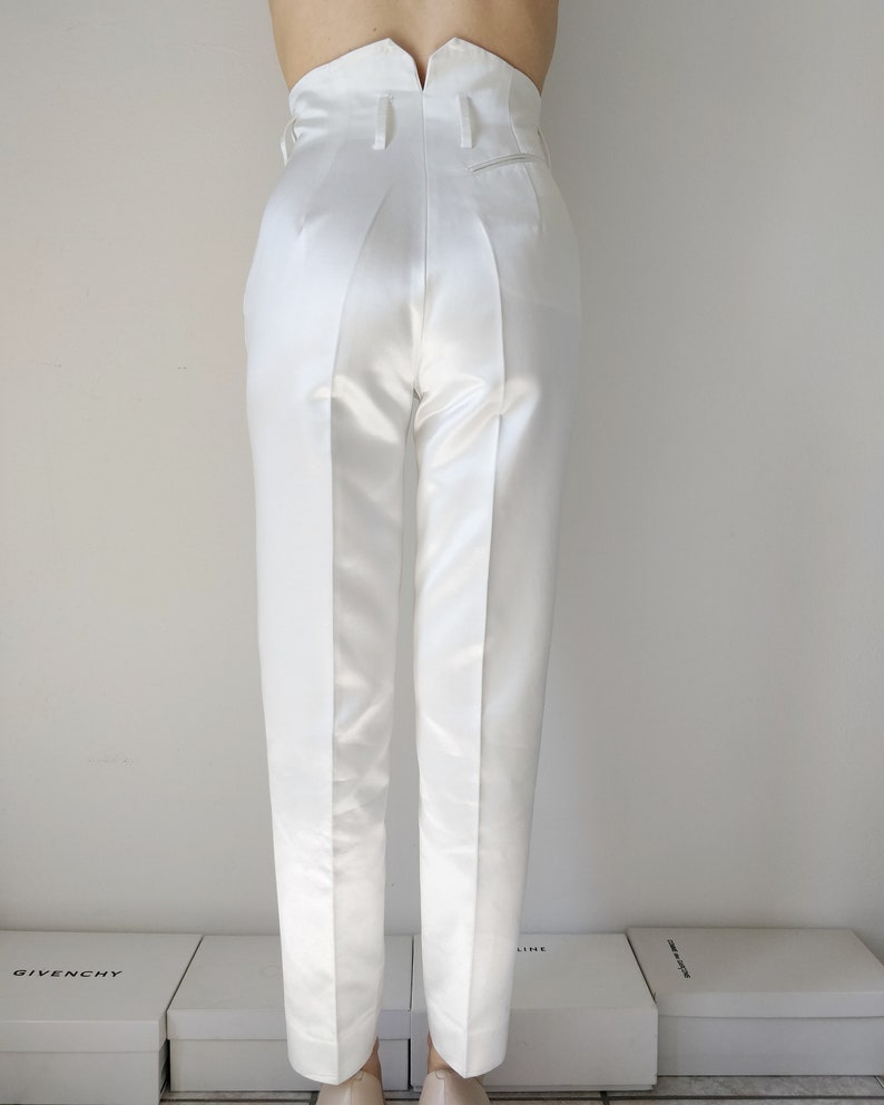 VIVIENNE WESTWOOD 1990s white satin cotton tapered trousers, high waist with Orbit logo buttons image 3