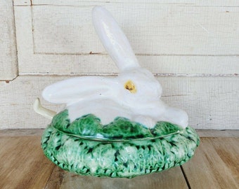 Antique Majolica RABBIT SOUP TUREEN with Ladle