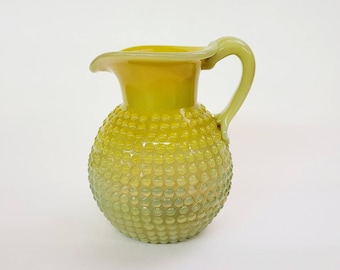 Vintage Art Glass Yellow Green Hobnail Pitcher