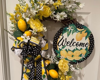 Lemons Summer lemonade, welcome, greenery, faux florals Grapevine Wreath