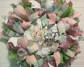 Home Sweet home, tulips, spring, summer, pink, green, deco wreath