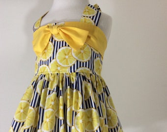 Lemon Slices Halter Sundress with Navy Stripes