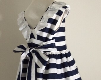 Navy Stripe Girls dress with Lace trim