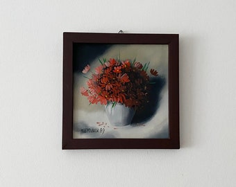 Small Oil Painting, Vintage Framed Painting, Flowers