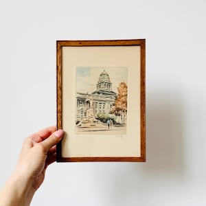 Vintage Palace of Justice Brussels Belgium 1950s Colour Etching