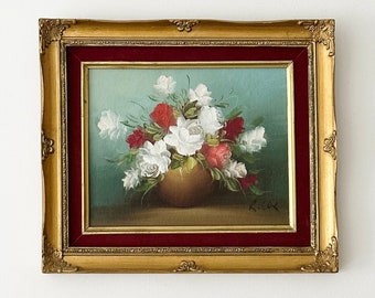 Vintage Oil Painting, Roses Painting, Framed Oil Painting in Gold Tone Frame, Flowers