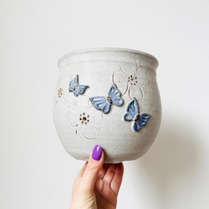May include: A white ceramic planter with a textured surface and blue butterfly accents. The planter has a rounded shape and is decorated with embossed flowers.
