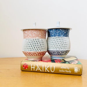 Japanese Arita Porcelain Lidded Tea Cup, Handless Blue Tea Cups, For Him And For Her