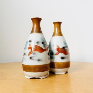 Japanese Kutani Porcelain Tokkuri Sake Bottles, Hand-painted Sake Bottles, Koi Fish Motif