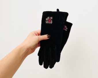 Vintage Black Suede Gloves with Embroidery Floral Accents