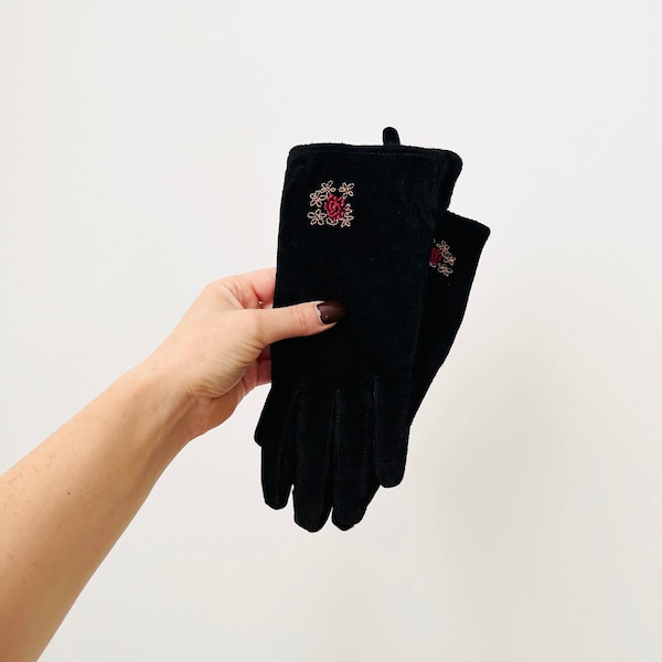 Vintage Black Suede Gloves with Embroidery Floral Accents