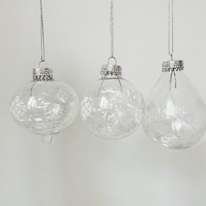 Vintage Glass Baubles, Set of Christmas Tree Ornaments, Clear and Silver, Avon Baubles