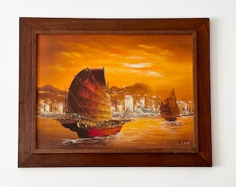 ヴィンテージの港の風景油絵 - 1970年代の海洋美術 - Etsy 日本