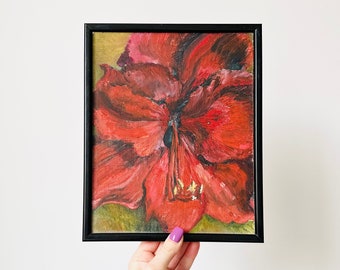 Original Acrylic Painting, Red Amaryllis Flower, Framed Painting, Vintage Art