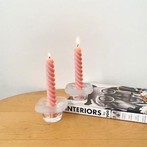 Cristal Durand &#39;Satine&#39; flower candleholders, Pair of glass candlesticks, Frosted Glass Petals, Durand Florence