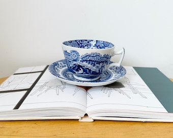 Spode Italian Cup and Saucer, Blue and White Cup, Vintage Coffee Cup