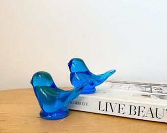 Pair of Blue Glass Bird, Glass Bird of Happines Signed By Leo Ward, Paperweights, Handmade Bird, Glass Sculpture, Art Glass