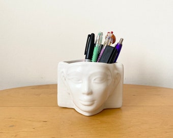 Face Pot, White Ceramic Head Vase, Pen Pot, Plant Pot