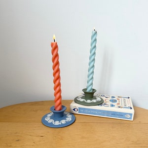 Wedgwood Japerware Candlestick Holders, Pair of Green and White Candlestick Holders