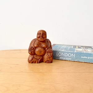 Vintage Laughing Buddha Statue, Wooden Buddha
