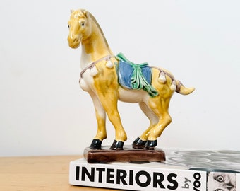 Vintage Chinese Tang Dynasty Sancai Style Glazed Ceramic War Horse Figurine, Chinese Ceramic Horse, Glazed Figurine, Horse Statue