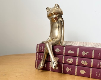 Large Brass Frog Figurine, Bookshelf Decor