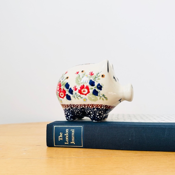 Vintage Polish Pottery Piggy Bank Boleslawiec Pottery, Hand-painted Pig