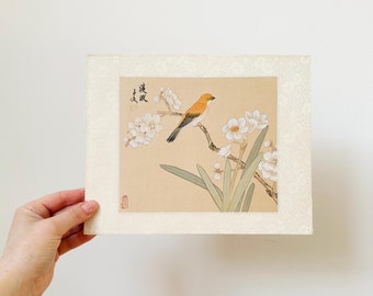 Pintura china sobre seda sin marco, pintura de aves y flores, pintura botánica, arte oriental