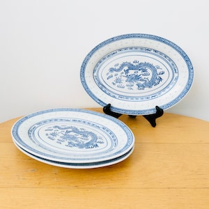 Set of 3 Oval Chinese Porcelain Plates, Small Plates, Rice Grain Pattern