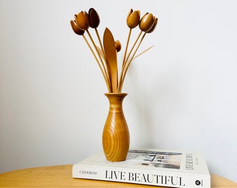 Wood Vase With Wooden Flowers, Hand-carved Vase