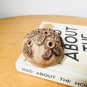 Könnte beinhalten: Ein brauner Keramik-Pflanztopf mit runder Form und Blattmotiven. Der Topf hat mehrere Löcher zum Pflanzen. Der Topf steht auf einem Buch mit dem Titel "Mad About The House".
