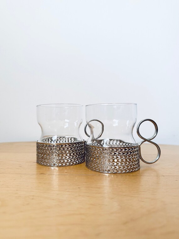 Iittala Finland Tsaikka Tea Glasses, Silver Metal Holders