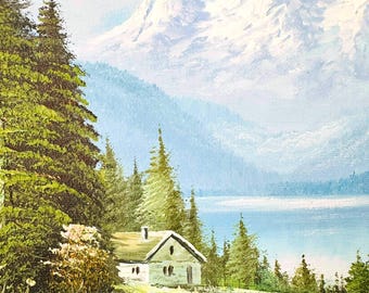 ヴィンテージ油絵、W.チャップマン作キャンバス油絵、山の風景画