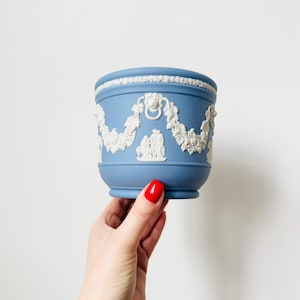 Puede incluir: Una maceta de cerámica azul con detalles en relieve blancos. La maceta presenta un diseño clásico con guirnaldas y figuras. El borde y la base son ligeramente curvados. La maceta está sostenida por una mano con esmalte de uñas rojo.