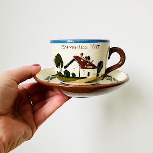 Puede incluir: Un juego de taza y platillo de cerámica vintage. La taza y el platillo son de color crema con un borde y asa marrones. La taza presenta una escena pintada a mano de una casa y árboles, con el texto "SYMONDS YAT" en negro.