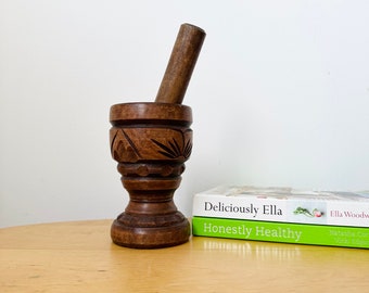Wooden Pestle and Mortar, Vintage Embossed Mortar