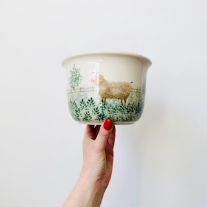 May include: A white ceramic planter with a green and brown design featuring a sheep in a field. The planter is being held by a hand with red nail polish.