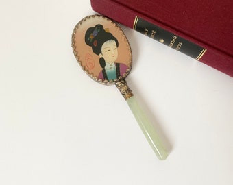 Little Chinese Mirror With Jade Handle, Hand Mirror, Small Vanity Mirror, Gift for Her