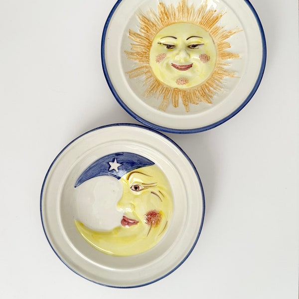 Moon And Sun Face Bassano Italy Ceramic Pottery Plates by ABC