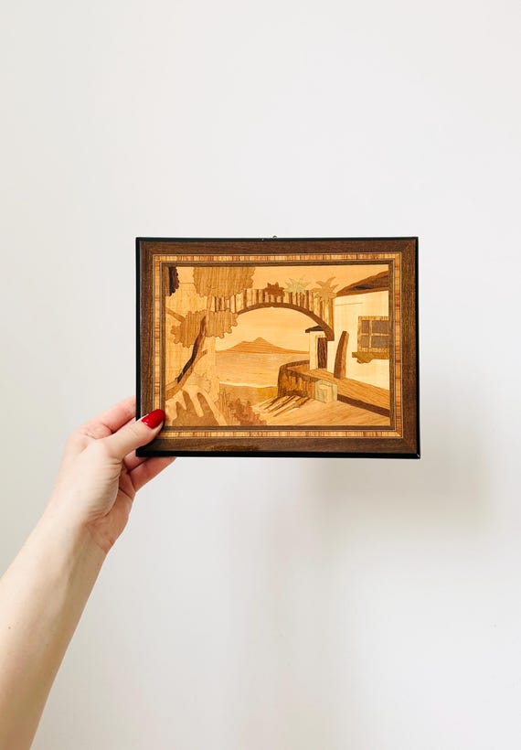Inlaid Wood Marquetry Picture, Italian Art, Vintage Wooden Picture