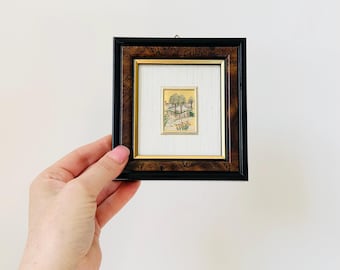 Vintage Italian Framed 23K Gold Leaf Foil Chromolithograph, Miniature LandscPrint