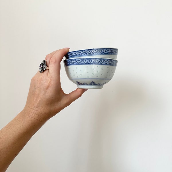 Chinese Porcelain Bowls, Rice Grain Pattern Bowls, Asian Rice Bowls, Blue and White China