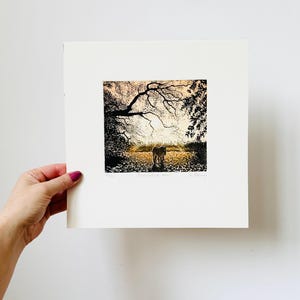 Puede incluir: Una impresión en blanco y negro de una escena de bosque con una sola figura caminando por los árboles. El sol se está poniendo en el fondo, proyectando un cálido resplandor sobre la escena. La impresión se titula "Wanderlust" y está firmada por el artista.