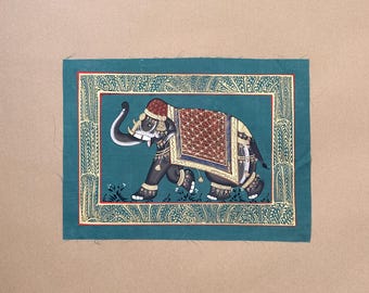 Unframed Indian Elephant Silk Painting, Gouache Painting, Mughal Style Elephant Painting, Good Luck Symbol