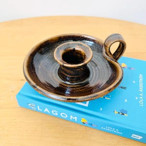Handmade Pottery Chamber Candlestick Holder, Rustic Stoneware Candlestick, Blue Pottery Candlestick