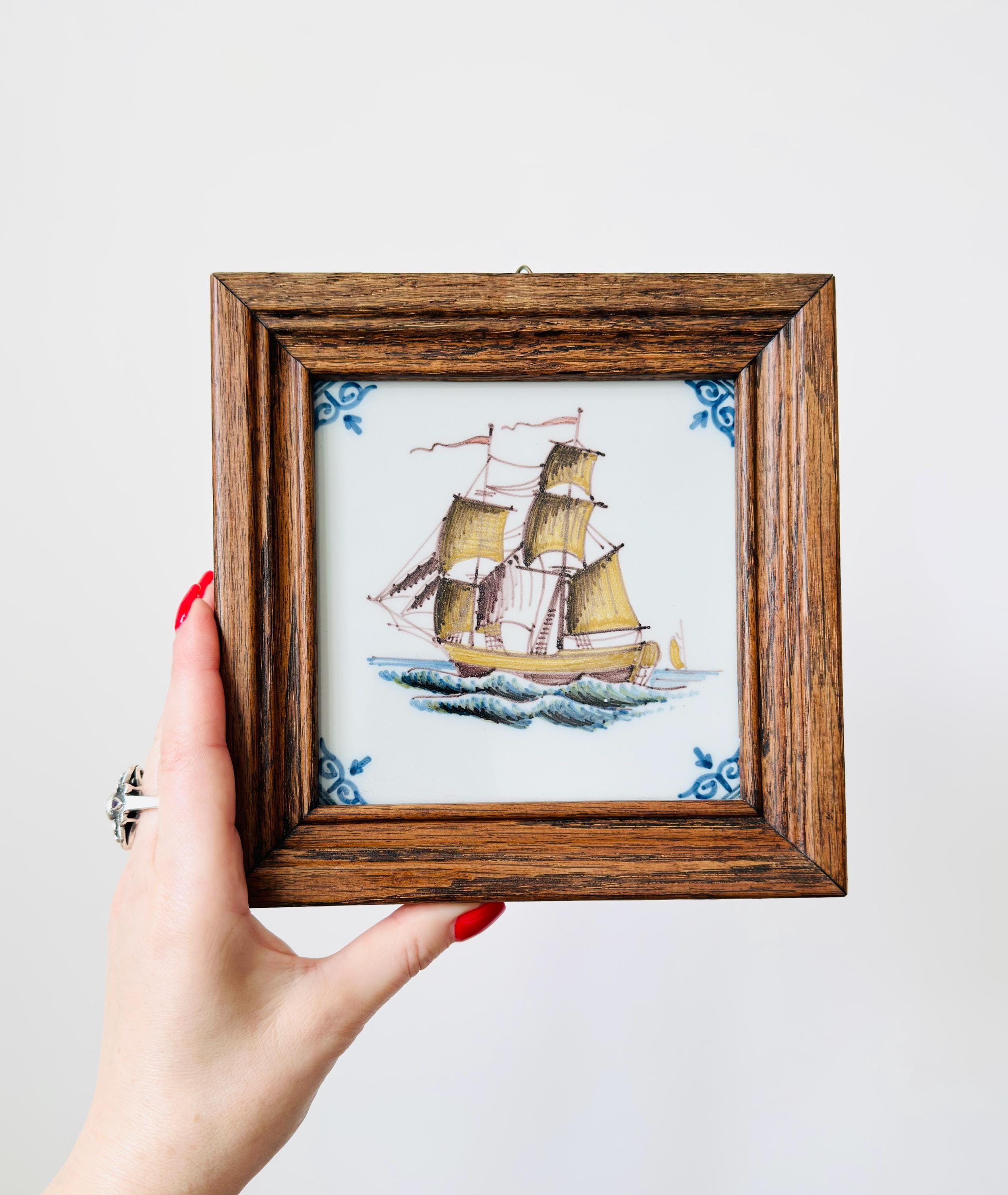 美品 タイル　アンティーク　マッカム　makkum　オランダ　耐熱 Vintage Makkum Holland Ceramic Tile, Nautical Home Decor, Delft